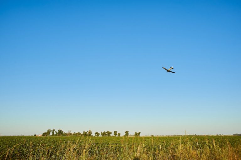 Litet flygplan som flyger lågt över ett grönt gräsfält under blå himmel